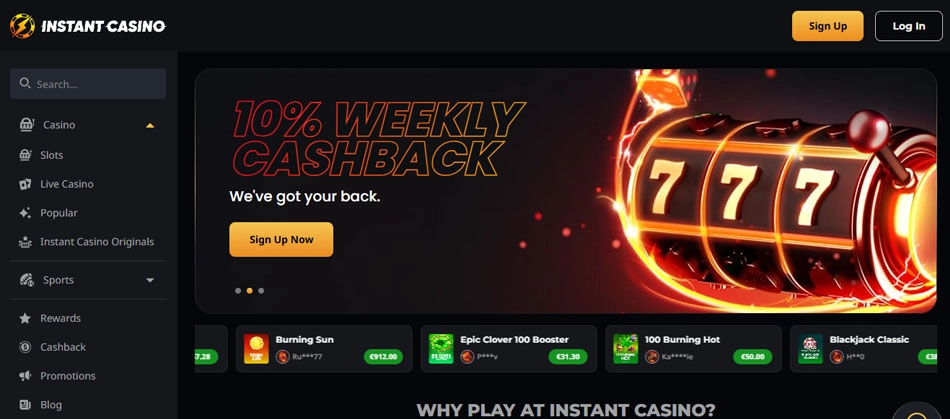 Instant Casino – 200% bonus op til €7500 + 10% ugentlig cashback